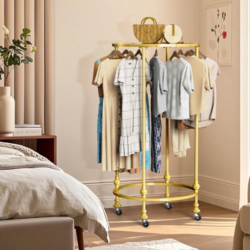 Rolling Round Garment Rack, Gold Clothing Rack with Wheels and Topper - color: Gold