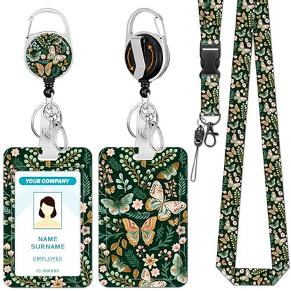 Hancynir Butterfly Lanyard for Id Badge, Badge Holder Retractable Reel Clip - color: Butterfly Flowers