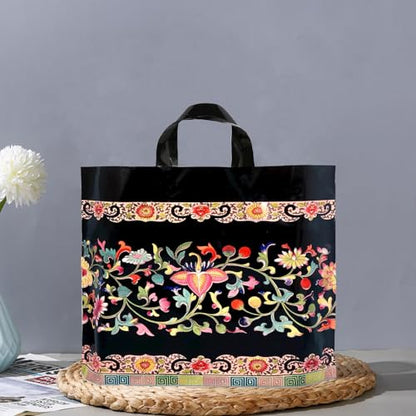 Joyhey 50 Count 9.8" x 11.8" Plastic Merchandise Bags, Shopping Retail Bags with Handles - Black Flower (More Patterns Available) - color: Black Flower