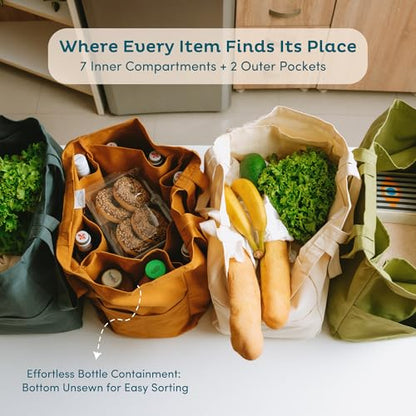 Nook Theory 3-Pack Reusable Grocery Bags - Heavy Duty, Large 12 Oz Cotton Canvas Reusable Shopping Bags With Pockets, 100% Cotton Cloth Grocery Totes, Foldable Multi Compartment (Caramel) - color: Caramel