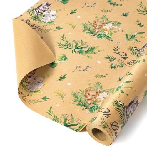 WERNNSAI Woodland Animal Kraft Wrapping Paper, 33 ft Baby Shower Wrap - color: Baby Animal-Grassland
