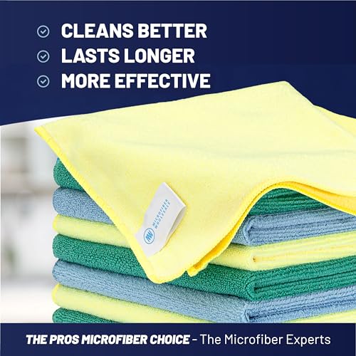 MW Pro Microfiber Cleaning Cloth | Blue, Green, Yellow (12 Pack) | Size 16" x 16" | All Purpose Microfiber Towels - Clean, Dust, Polish, Scrub, Absorbent - color: Blue, Green, Yellow