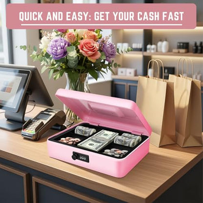 Flexzion Metal Cash Box with Combination Lock - 5-Compartment Petty Cash Box with Money Tray and Lock for Small Business - Removable Money Tray for Bills, Checks & Coins, 11.8"x 9.4"x 3.5", Pink - color: Pink