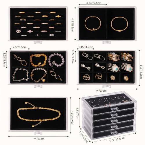 Frebeauty Extra Large Acrylic Jewelry Box for Women 5 Layers Clear Jewelry Organizer Velvet Earring Box with 5 Drawers Rings Display Case Necklaces Holder Tray for Women Girls (Black) - color: Black