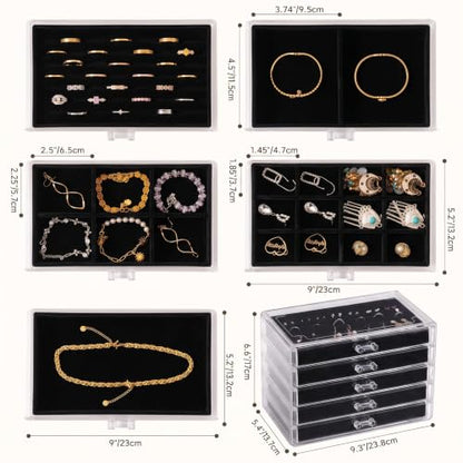 Frebeauty Extra Large Acrylic Jewelry Box for Women 5 Layers Clear Jewelry Organizer Velvet Earring Box with 5 Drawers Rings Display Case Necklaces Holder Tray for Women Girls (Black) - color: Black