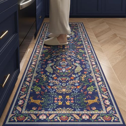 Rugcomf Round Area Rug 6ft Floral Washable Non Slip, Blue - color: Blue, size: 6' (Round)