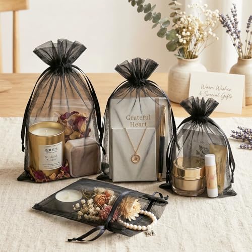FUNFERY 100Pcs Black Organza Bags 5x7 in,Small Mesh Drawstring Gift Bag - color: Classic Black
