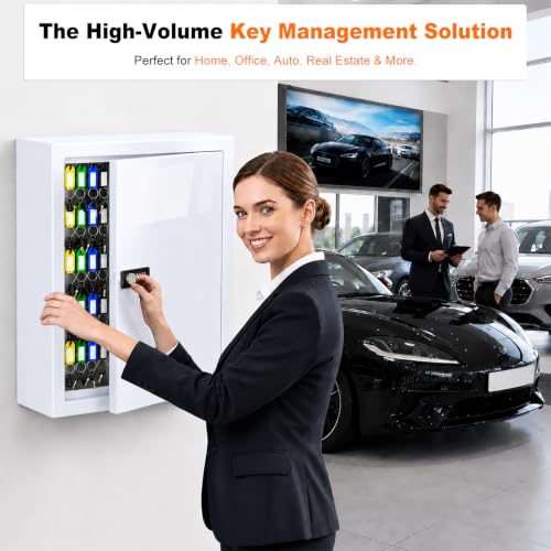 Lock Key Cabinet with Storage: 131-Keys Steel Wall Mount Key Cabinet Organizer - Large Storage and Secure Combination Lock Box for Office Home Business White