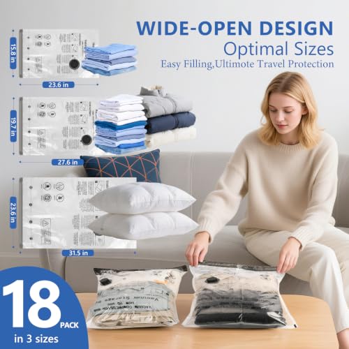 18 Pack Travel Vacuum Bags for Clothing with Rechargeable Wireless Air Pump - size: 18 Combo Size (Blue)