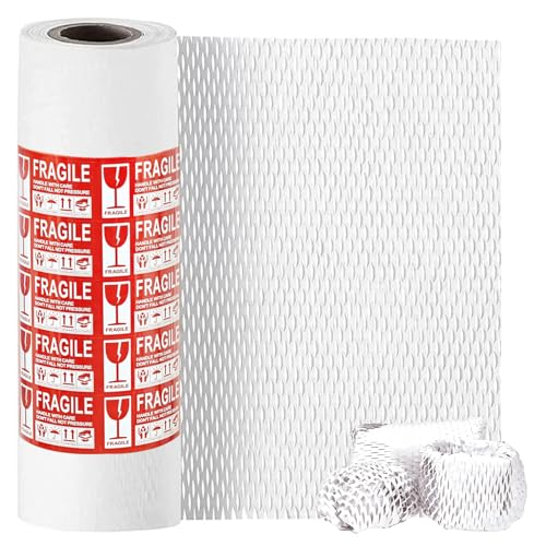 12 Inch x 230 Ft Honeycomb Kraft Packaging Paper White, Plastic Free Cushioning Packing Paper with Fragile Warning Labels, Recyclable Bubble Wrap Substitute for Household Moving & Business Shipping - color: White