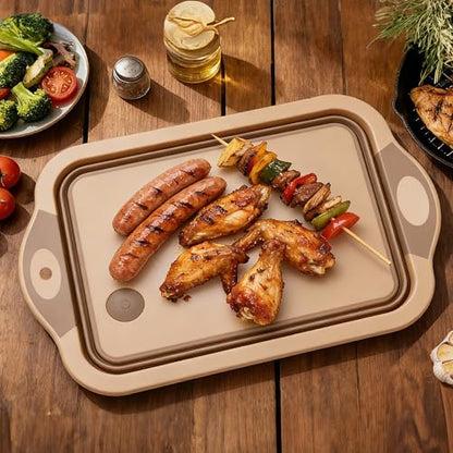 QiMH Collapsible BBQ Prep Tub, Picnic Basket with Lid, Foldable Dish Basin, Food Grade Silicone Cutting Board for Washing and Draining Veggies and Fruits, Portable for Camping, Traveling, and Kitchen - color: sandstone