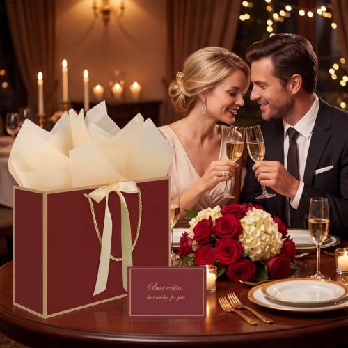 woric 2 Pcs Red Gift Bags, 14" Medium Wedding Gift Bags with Tissue Paper - color: Burgundy Red