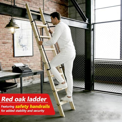 96in Solid Wood Sliding Library Ladder, 8 Step Wooden Ladder with Handrails - size: Height 96"