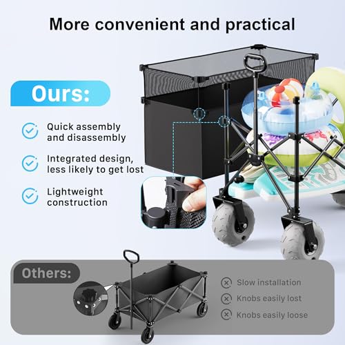 Beach Wagon with Big Wheels for Sand, 450LBS Heavy Duty Foldable Wagon Cart - color: Black, size: 380L