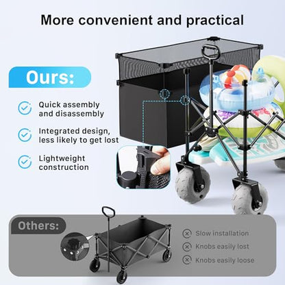 Beach Wagon with Big Wheels for Sand, 450LBS Heavy Duty Foldable Wagon Cart - color: Black, size: 380L
