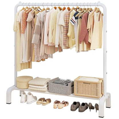 JIUYOTREE Metal Clothing Rack, 43.3 Inches Clothes Garment Coat Rack with Bottom Shelf for Hanging Skirts, Shirts, Sweaters, White - color: White, size: 43.3"W x 15.75"D x 61"H without wheels