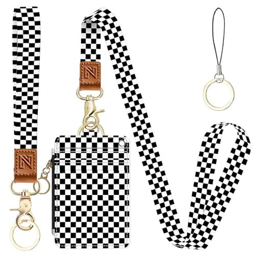 2-in-1 ID Badge Holder & Lanyard Wallet， Cute Zippered Pouch Checkered - color: Black and White Checkered