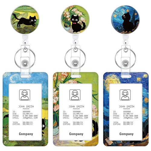 3 Pack Cat Badge Holder with Retractable Reel and Clip, Vertical Id Case - color: Cat