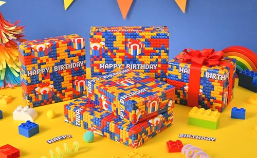 Sikiweiter Building Block Birthday Wrapping Paper Roll, 17 Inches x 16.5 Feet, Colorful Brick Pattern Gift Wrap with Happy Birthday Text and Present Box Design for Kids Birthday Party, Boys Girls Gifts, Party Supplies(Building Bricks Birthday) - color: Bu