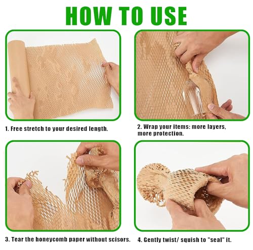 Honeycomb Packing Paper, 15"x300' Eco Friendly Packing Materials for Shipping Breakable Recyclable Moving Supplies Paper Bubble Wrap Sheets Roll with 20 Fragile Sticker Labels - size: 15"x300'