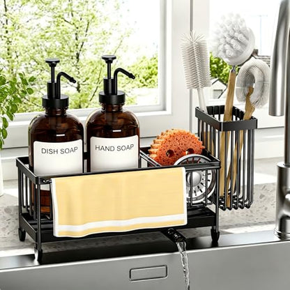 Kitchen Soap Dispenser Set with Sponge Holder and Towel Rack, 17OZ Glass Bottle, Hand and Dish Soap Dispenser Set, Non-Slip Silicone Pad, Brush Holder, Kitchen Sink Caddy Organizer Countertop (Amber) - color: Amber
