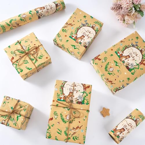WERNNSAI Baby Shower Wrapping Paper Roll - 33 ft Baby Kraft Gift Wrap - color: Baby Animal-Forest