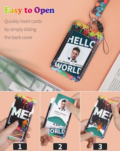 Uniclife Fashionable Sliding Badge Holder Paint Splash Plastic Case with Retractable Badge Reel Carabiner Clip & Detachable Lanyard Strap Vertical Card Protector for Worker Nurse Teacher Student - color: Paint Splash