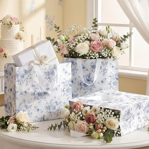 Abbylike 30 Pcs Blue Floral Gift Bags Reusable Large Tote with Handle - style: Blue Flower
