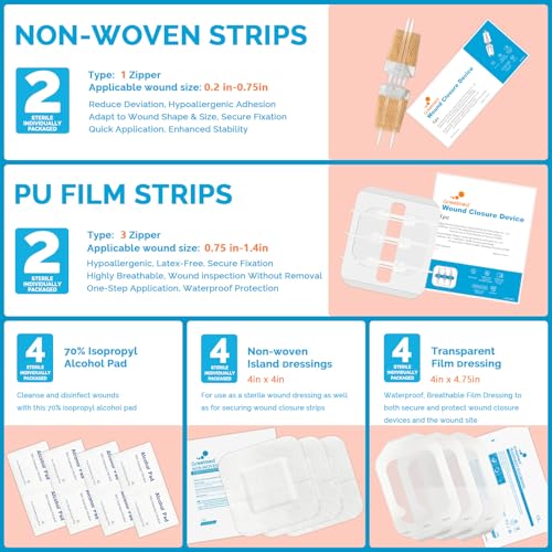 Greetmed Emergency Wound Closure Strips - 16 Pack Laceration Closure Kit with 2 Types Zip Stitch Butterfly Bandage Sutures Kit - Painless, Stitchless Wound Repair for First Aid, Hiking, Camping & Home