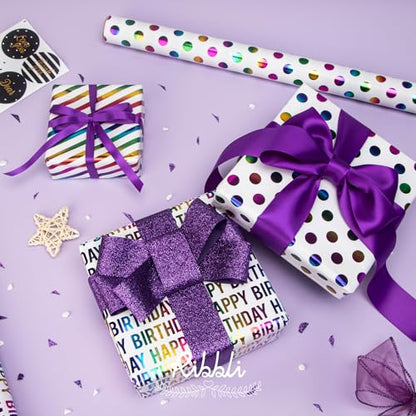 Ribbli Birthday Wrapping Paper Iridescent Gift Wrapping Paper Mini Roll, 3 Rolls Happy Birthday Polka Dots Stripes Printed Assortment - 17 inch x 120 inch(10feet) Per Roll - color: Iridescent