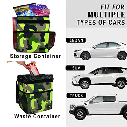 SIBOFUEGO Cute Car Trash Can with Lid, Collapsible, Leak-Proof, 2 Gallon - color: Green Camo, size: 2 Gallons