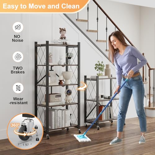 5-Tier Foldable Storage Shelves with Wheels,Folding Bookshelf no Assembly - color: Rustic Brown, size: 5 Tier