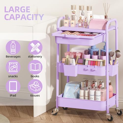 KINGRACK 3 Tier Metal Rolling Cart with Drawer, Purple Utility Storage Cart - color: Purple