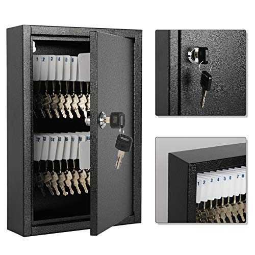 KYODOLED Key Storage Lock Box Wall Mount, Locking 40 Key Cabinet Holder Box with Key Lock, Hooks & Labels for Home, Office, Commercial Management, 2.5" D x 8.1" W x 12.1" H, Black - color: Black-02