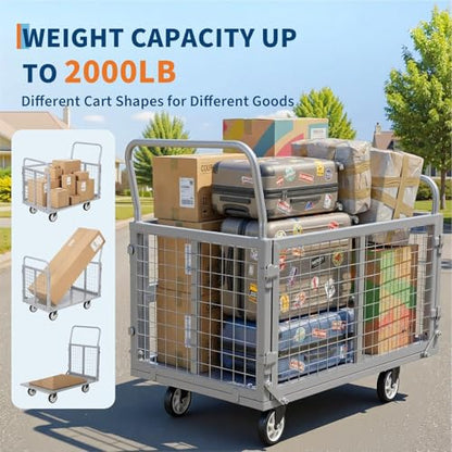 Heavy Duty Platform Truck Cart with Cage, 39" x 24" Hand Moving Cart 2000 Lbs Capacity, Multi-Functional Folding Cage Cart with Basket for Warehouse, Luggage Moving, Silver - color: Silver