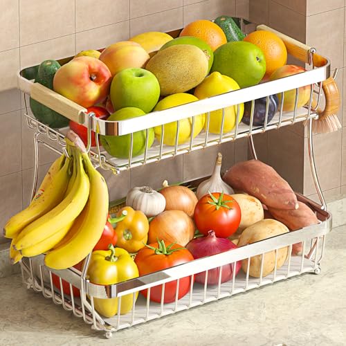 Sevenblue 2-Tier Fruit Basket with Banana Hangers, Detachable Metal Bowl - color: Silver, size: 2 Tier Extra Large