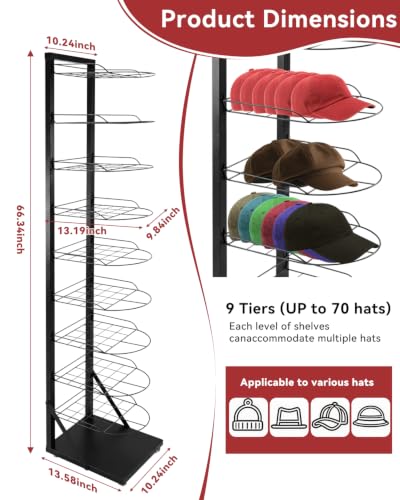 Hat Display 9 Tier, Hat Rack Stand Up to 70 Caps, Metal Hat Stand for Multiple Hats, Commercial Home Hat Display Stand