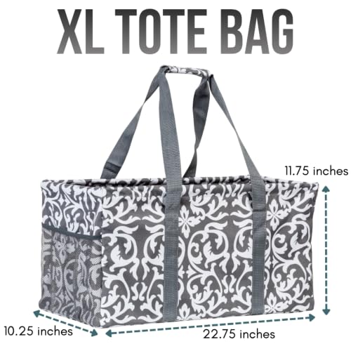 Extra Large Utility Tote Bag - Oversized Collapsible Beach Bag - Damask Gray - color: Damask Gray
