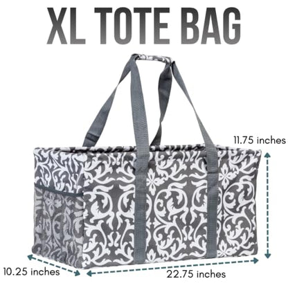 Extra Large Utility Tote Bag - Oversized Collapsible Beach Bag - Damask Gray - color: Damask Gray