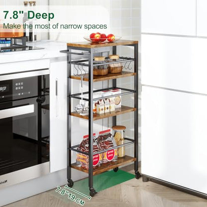 IBUYKE Slim Rolling Storage Cart, Kitchen Cart Utility Shelving UTMJ065H - color: Brown, size: 15.75"D x 7.9"W x 32.3"H