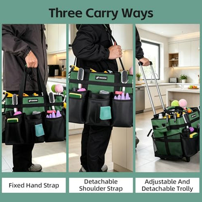 Large Rolling Cleaning Caddy Bag with Wheels, Cleaning Bag with Detachable Trolley, Cleaning Bags on Wheels for Housekeepers, Cleaning Cart Supplies Organizer for Home, Car, Picnic (Green) - color: Green