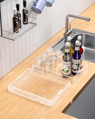 Acrylic Serving Tray Set of 2-16x12 & 15.4x11.9 Inch Clear Luxury Trays for Kitchen, Dining, Bathroom Organizer - Non-Slip, Scratch-Resistant, Spill-Proof Design - Ideal Gift for Housewarming, Parties - style: 2Pack Clear Tray