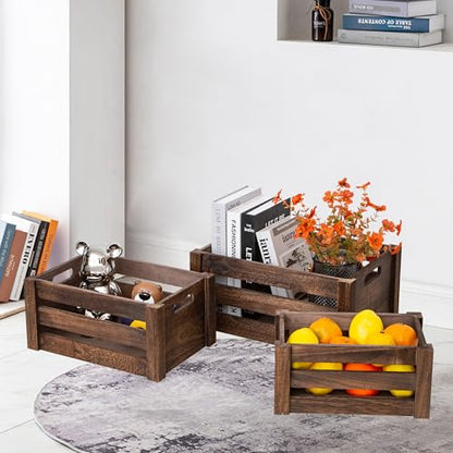 Set of 3 Nesting Wooden Crates, Small Rustic Farmhouse Wood Storage Boxes with Handles, Stackable Compact Organizer Bins for Kitchen Bathroom Bedroom Decor, 3 Sizes (Retro Brown)