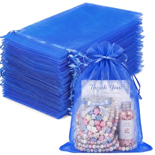 FUNFERY 100Pcs Royal Blue Organza Bags 5x7, Small Mesh Drawstring Gift Bag - color: Royal Blue