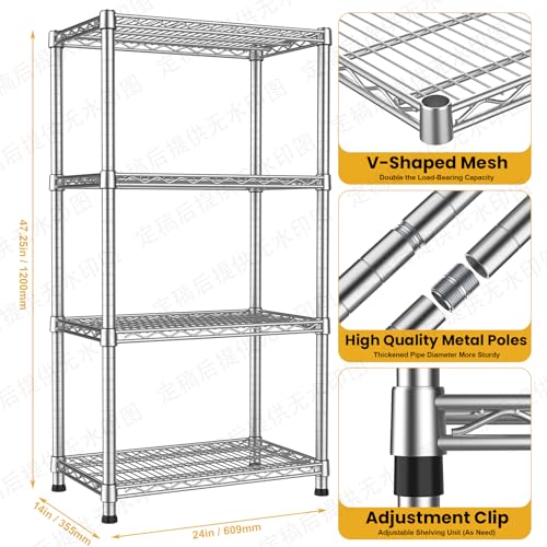 4- Shelf Heavy Duty Metal Wire Shelving Unit Adjustable Industrial Storage Rack Steel Commercial Grade Shelving Standing Shelf organize 2200LBS,for Laundry Bathroom Kitchen Closet 14"Dx24"Wx47"H - size: 4-Tier-Silver[ 14"D x 24"W x 47.25"H]
