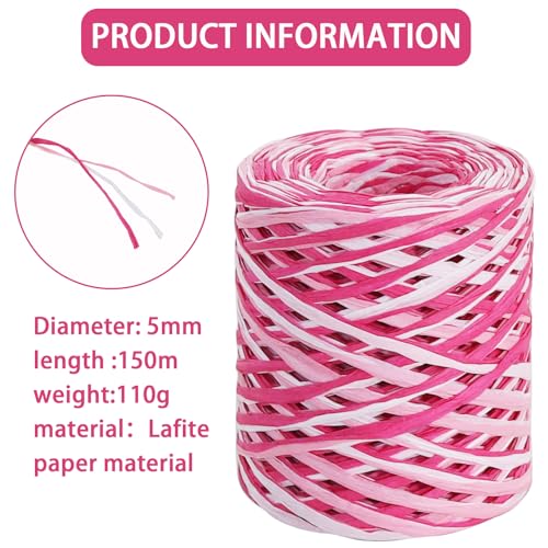 TONIFUL Raffia Paper Ribbon 492 Feet Raffia Yarn for Gift Wrapping - White Pink Hot Pink Packing Paper Twine for Gift Wrapping, DIY Crafts, Floral Bouquet, Anniversary, Valentines Party Supplies - color: Hotpink-pink-white