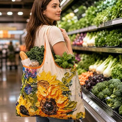 Foldable Grocery Tote Bag, Sunflower Print Shoulder Bag for Errands Travel - color: A1-big Sunflower