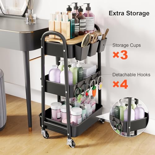 3 Tier Metal Heavy Duty Rolling Cart with Wheels & Wood Table Top, Black - color: Black