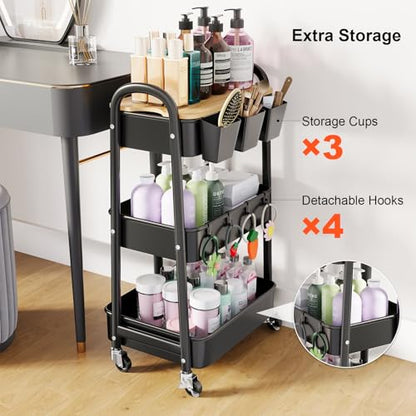 3 Tier Metal Heavy Duty Rolling Cart with Wheels & Wood Table Top, Black - color: Black