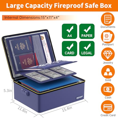 ENGPOW Fireproof Document Box with Lock & Heat-Resistant Fireproof Zipper - color: Blue, size: 15.4 x 11.8 x 5.5 inches